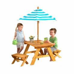 KidKraft Outdoor Wooden Table & Bench Set with Striped Umbrella – Buy Online at AbmarketX