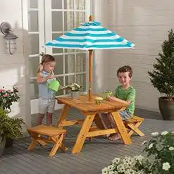 KidKraft Outdoor Wooden Table & Bench Set with Striped Umbrella – Buy Online at AbmarketX
