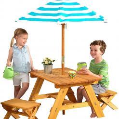 KidKraft Outdoor Wooden Table & Bench Set with Striped Umbrella – Buy Online at AbmarketX