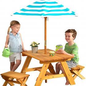 KidKraft Outdoor Wooden Table & Bench Set with Striped Umbrella – Buy Online at AbmarketX