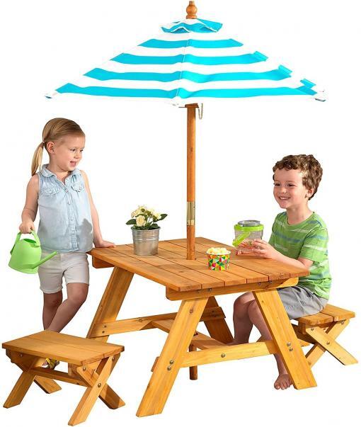 KidKraft Outdoor Wooden Table & Bench Set with Striped Umbrella - Image 3