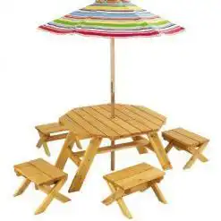 KidKraft Outdoor Wooden Table & Bench Set with Striped Umbrella – Buy Online at AbmarketX