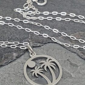 Sterling Silver Palm Trees on Island Cutout Charm Necklace – Buy Online at AbmarketX