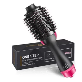 REVLON One-Step Volumizer Hair Dryer and Hot Air Styler with black and pink oval brush design.