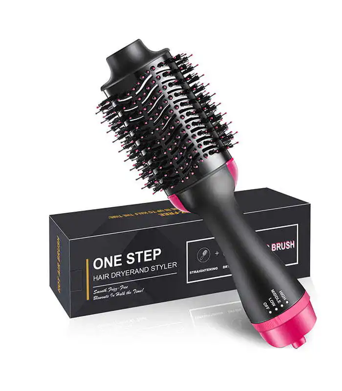 REVLON One-Step Volumizer Hair Dryer and Hot Air Styler with black and pink oval brush design.