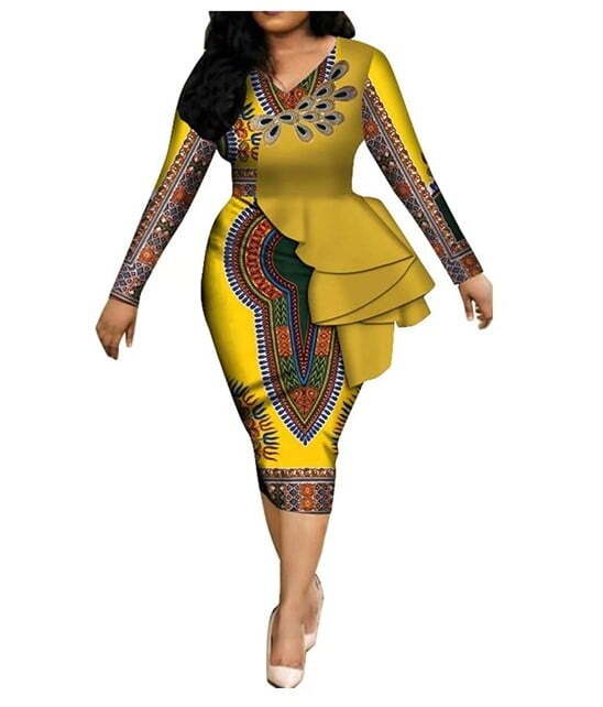 Women's Dashiki Bodycon Ruffle Dress