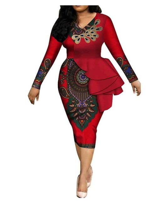 iooiooi Women's Long Sleeve Dashiki Bodycon Dress