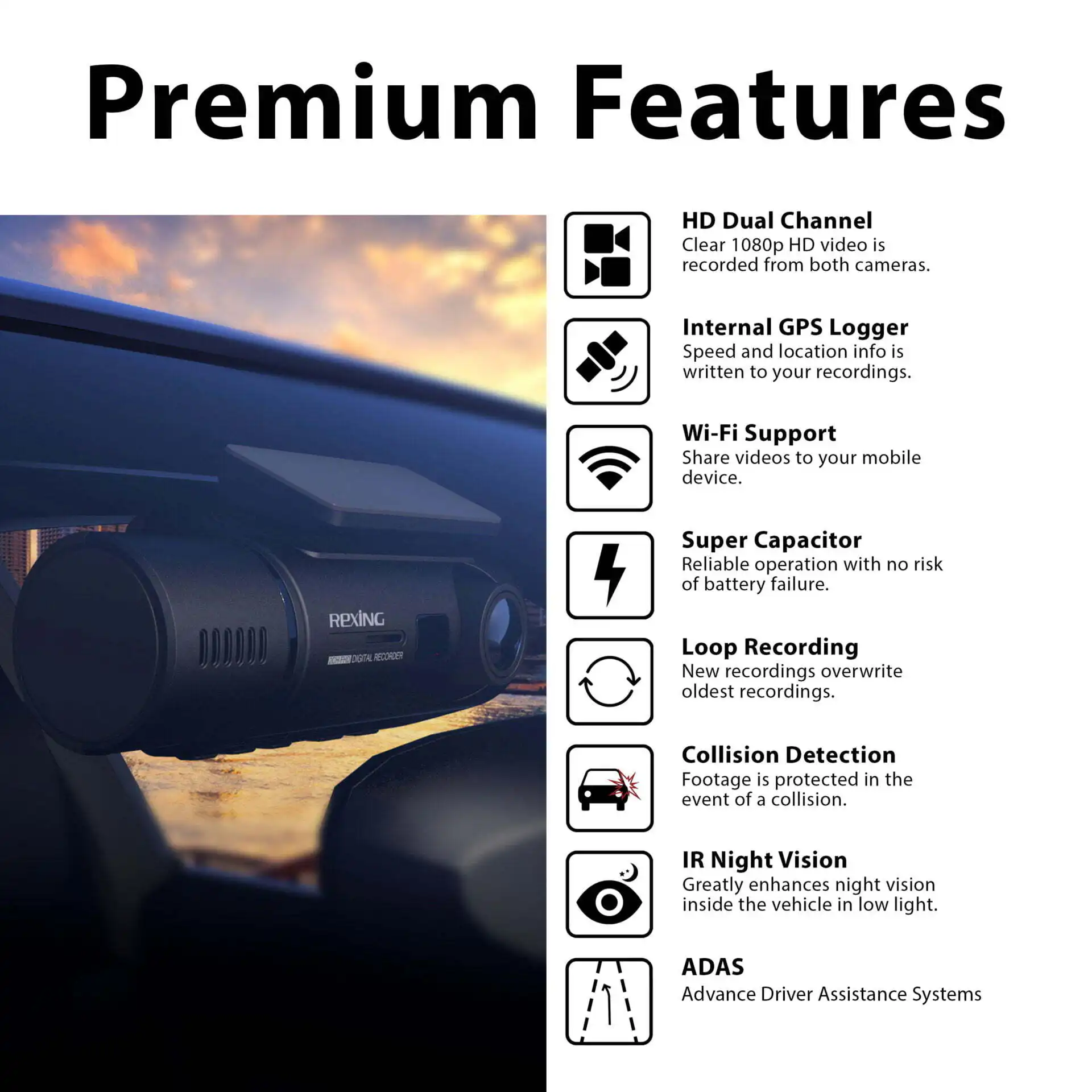 Rexing V3 Dual‑Channel Dash Cam Bundle – Buy Online at AbmarketX