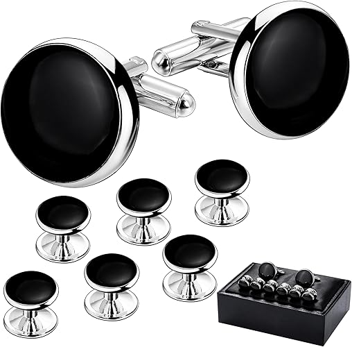 thumbnail image 2 of HAWSON Men’s Cufflinks & Tuxedo Studs Set – Black & Silver Tone, Gift Box – Perfect For Weddings & Formal Events 2 of 6