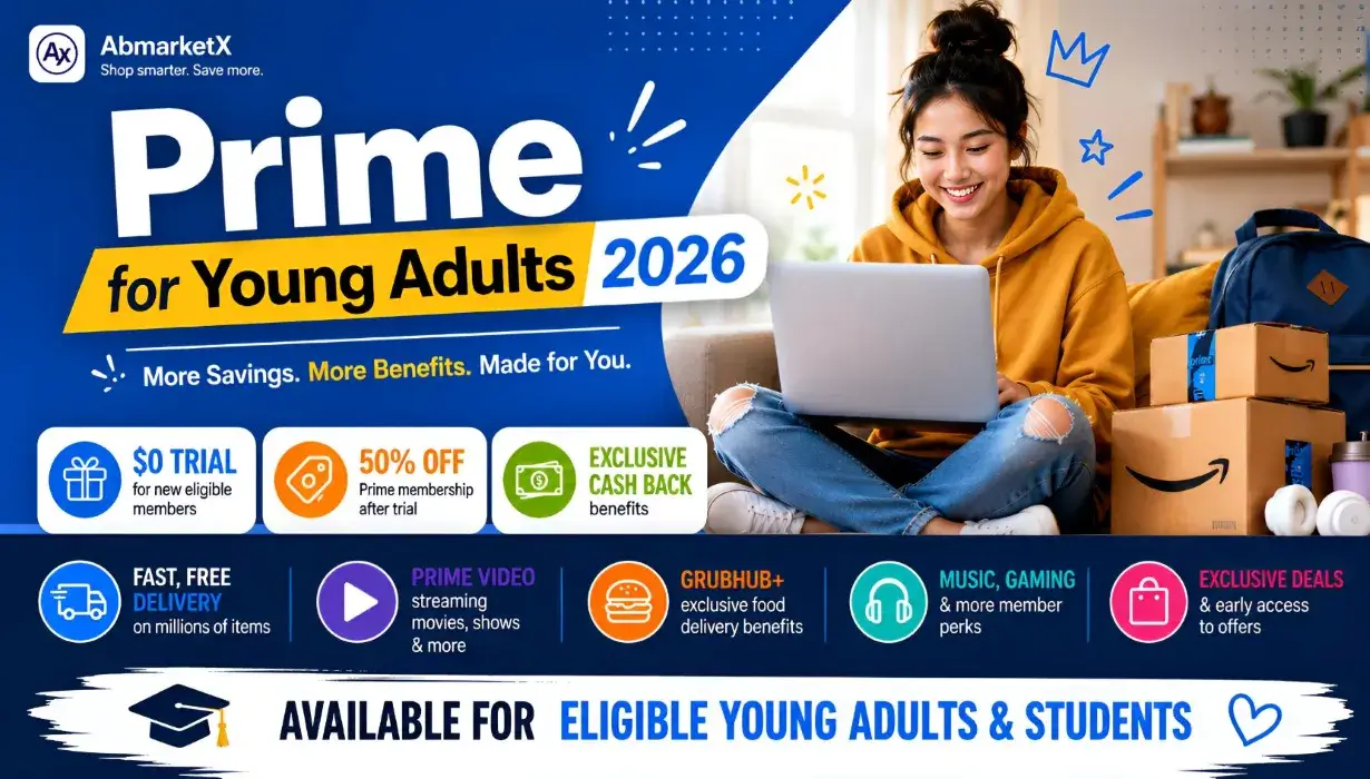 Prime for Young Adults 2026 featuring $0 trial, 50% off Prime membership, and exclusive cash back benefits for eligible young adults and students.