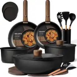 CAROTE 21-piece charcoal grey ceramic cookware set with detachable handles.