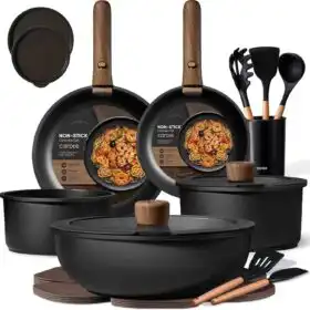 CAROTE 21-piece charcoal grey ceramic cookware set with detachable handles