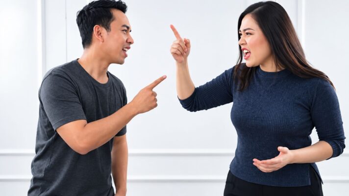 Angry man and woman pointing fingers at each other during a heated argument