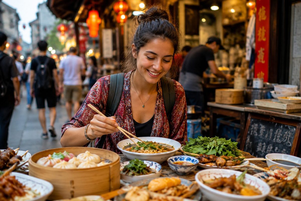 Traveler enjoying authentic local street food at a traditional Asian market