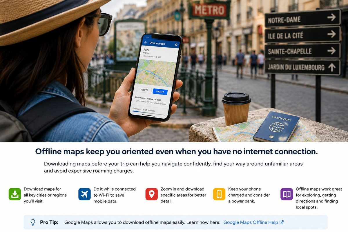 Traveler using an offline map on a smartphone to navigate an unfamiliar city
