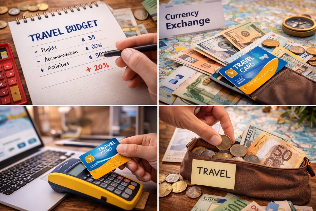 Travel budget planning with notebook, currencies, credit card and cash for international trip