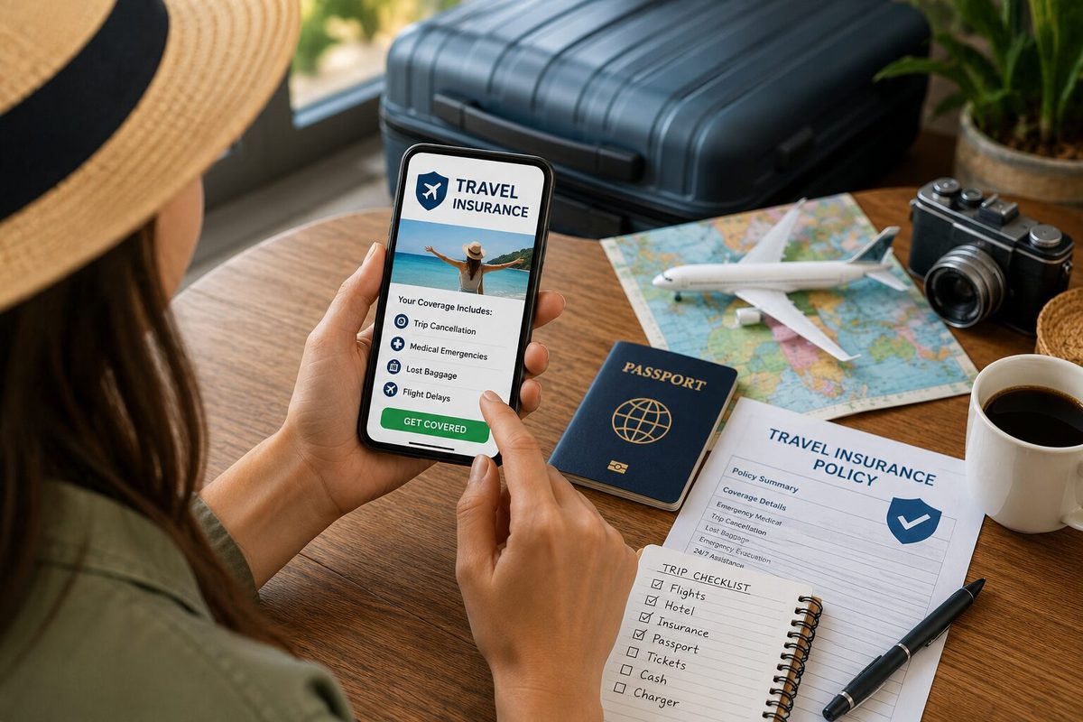 Traveler reviewing travel insurance coverage for medical emergencies, trip cancellation and lost baggage