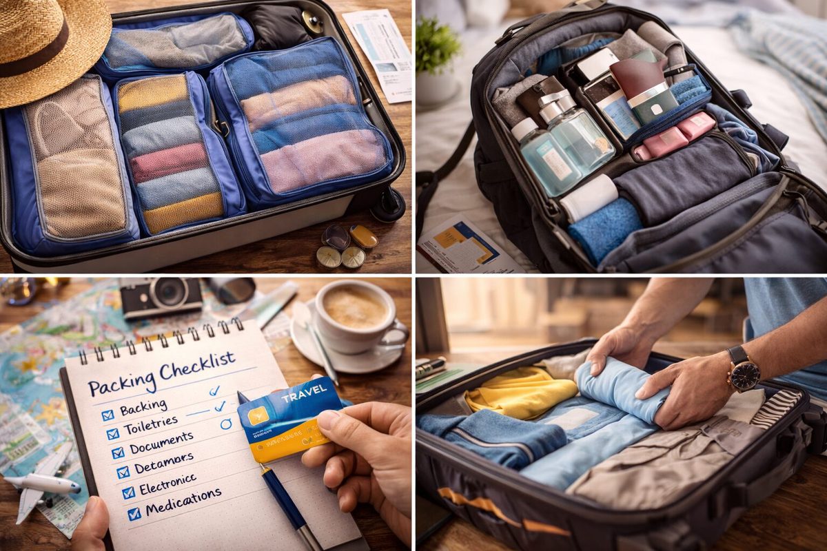 Packing suitcase with organized clothes, packing cubes and travel checklist for international trip