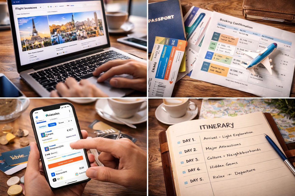 Travel planning and booking using laptop, smartphone and itinerary notebook for international trip _ Smart Travel Tips 2027